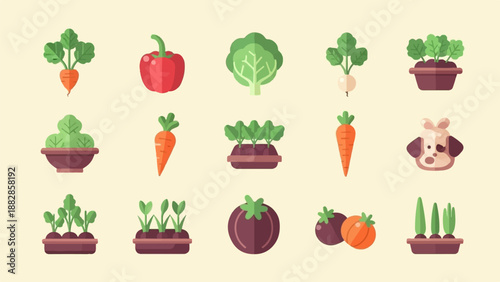Flat icon set with vegetables, plants, and a puppy