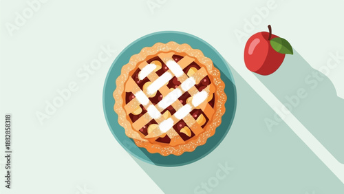 Flat illustration of a cherry pie with a lattice top and a red apple