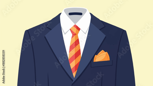 Flat illustration of a dark blue suit with a striped orange tie and pocket square