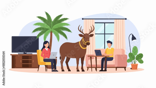 People and a deer working remotely with a palm tree