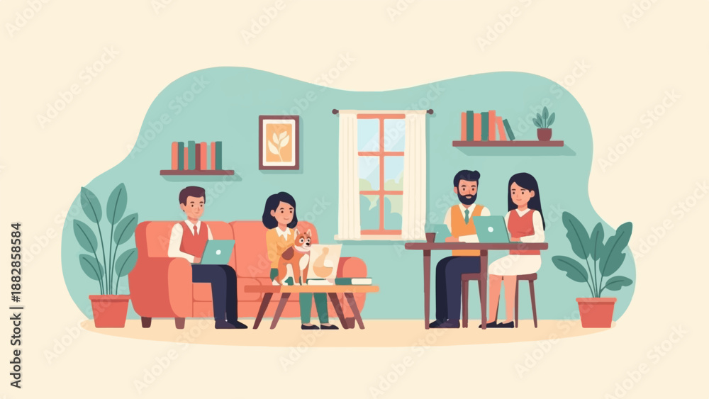 Naklejka premium People and a dog working on laptops in a cozy room