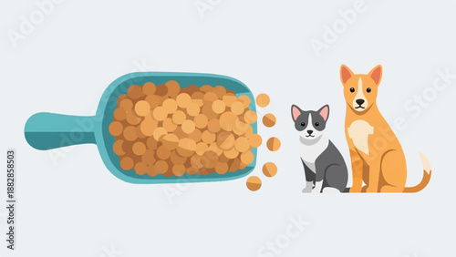 Flat illustration of a teal scoop filled with kibble next to two cute cartoon pets