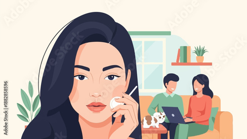 Flat illustration of a woman applying makeup, with a couple and dog in background