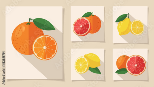 Flat illustration of citrus fruits oranges, grapefruits, and lemons with leaves