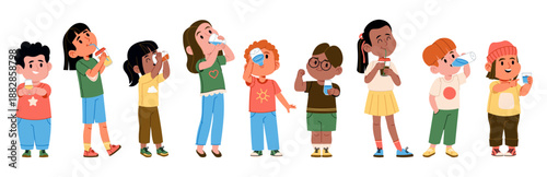 Cute kids drinking water for healthy hydration from glasses and reusable bottles isolated set