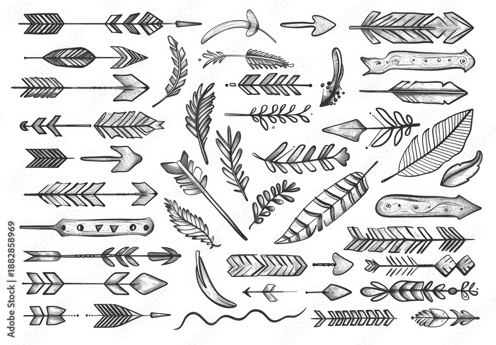 Fototapeta premium Black and white collection of hand-drawn arrows, feathers, and organic elements