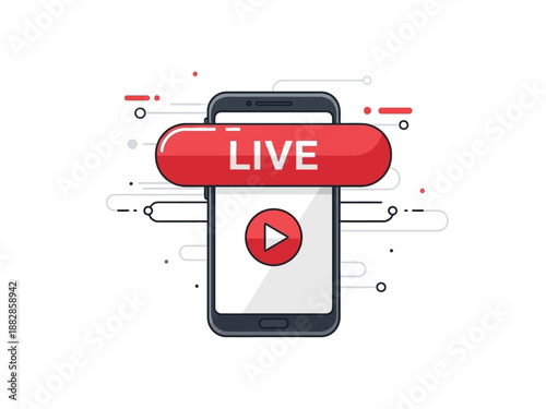 Mobile phone displaying a live streaming video with a play button overlay