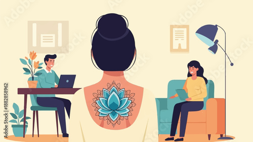 Indoor scene with people working and relaxing, featuring a back tattoo