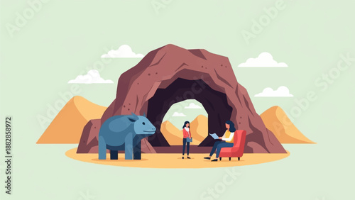 People and animal interact in front of a cave with mountains and clouds