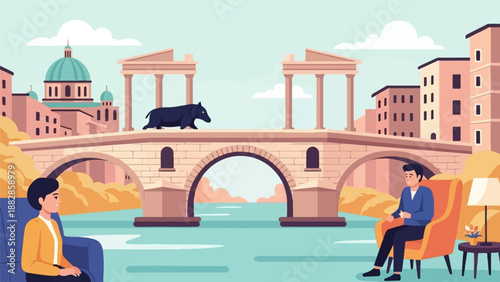 People and animal on bridge with old city architecture and water