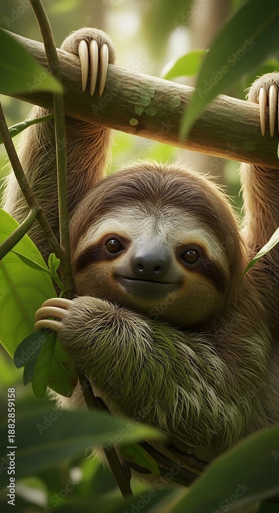 Naklejka premium Sloths Gentle Gaze - A Moment of Serenity in the Jungle Canopy.
