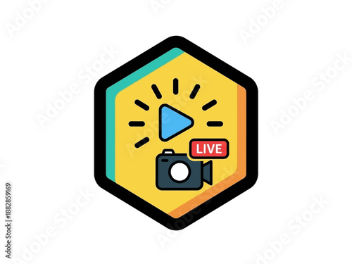 Live streaming icon representing video capture and broadcasting with camera and play button