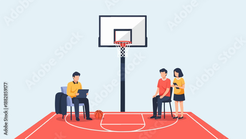 People and basketball hoop on court, one person with laptop