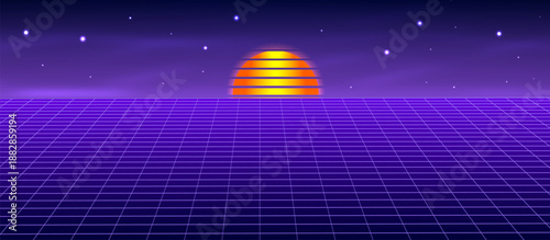 Landscape with a geometric grid and sun. Abstract 3D model in cyberspace. Vector illustration.