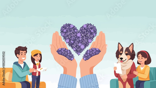 Generous hands offer heart of flowers to happy people and dog