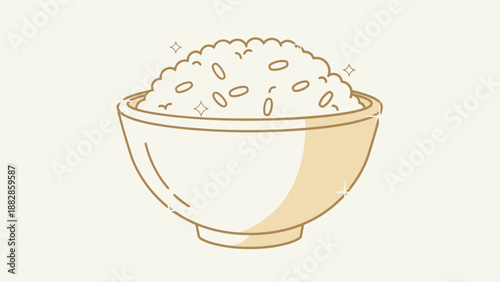 Freshly Cooked Rice Served in A Decorative Bowl, Minimalist Style Illustration