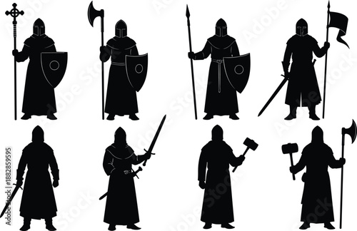Set of medieval knight silhouettes with swords, shields, axe and spear, black warrior guard vector collection for fantasy, crusader, and battle design isolated.