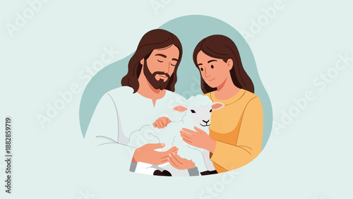 Gentle figures tenderly embrace a young lamb