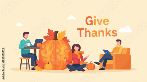 People enjoying autumn near pumpkins, one meditating, one working on laptop