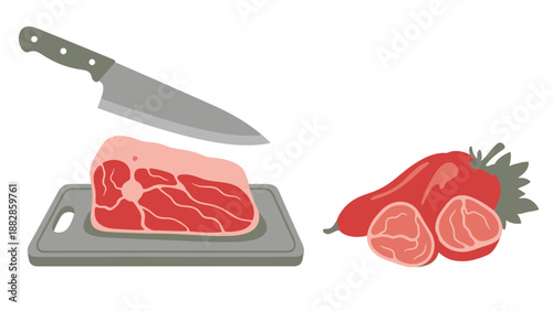 Freshly Cut Meat and Red Vegetables Illustration on White Background Vector Art