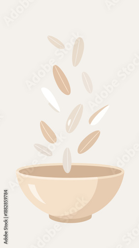 Freshly Falling Cereal Grains Cascading Into A Ceramic Bowl Against A Light Background