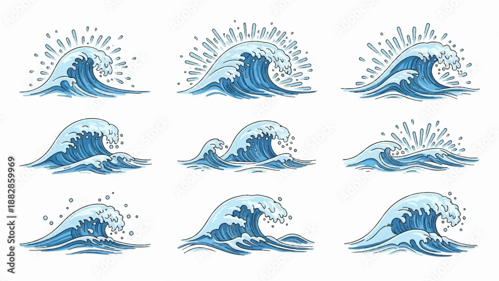 Obraz premium Nine diverse, hand-drawn illustrations of breaking ocean waves in blue tones