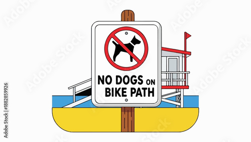 No dogs allowed sign on a beach path with lifeguard station