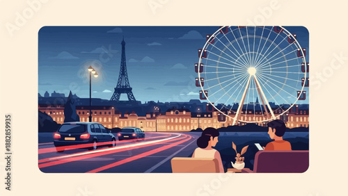 Nighttime Paris scene with Eiffel Tower, Ferris wheel, and couple dining