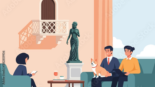 People and dog in a room with statue and balcony