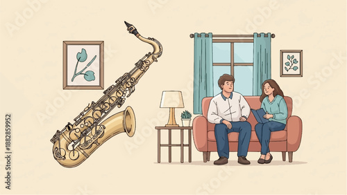 Man and woman on sofa with book, saxophone and wall art