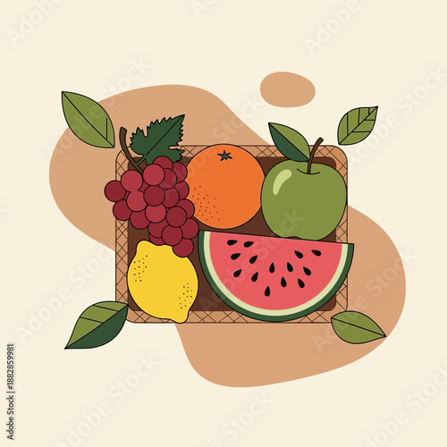 Freshly Picked Assortment of Colorful Fruits, Presented in a Rustic Woven Basket