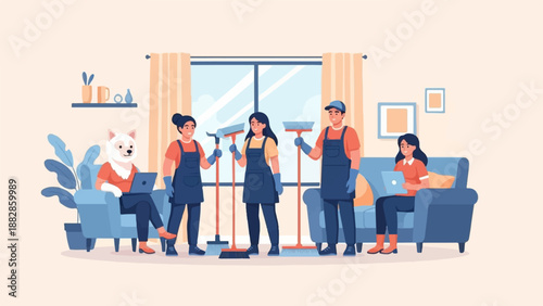 People and dog in cleaning attire with brooms and laptops