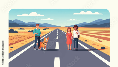 People and dog on a highway in a desert landscape