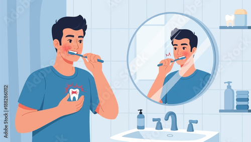 Man brushing teeth in bathroom, experiencing toothache and red cheek
