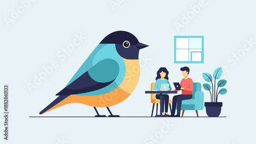 Giant bird observes people working on laptops by a window