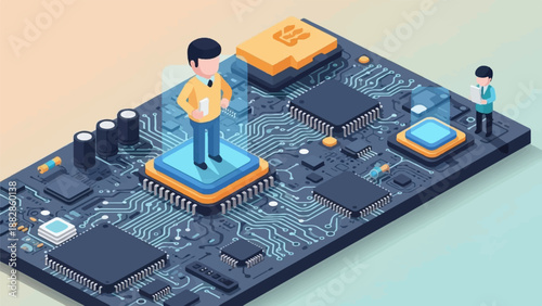 Isometric circuit board with tiny people interacting with components