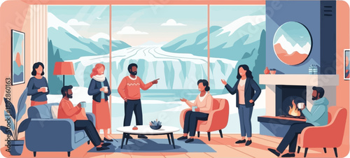People gather in a cozy room with a stunning glacier view