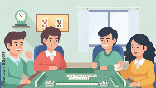 Four people happily play a tile game around a table in a room