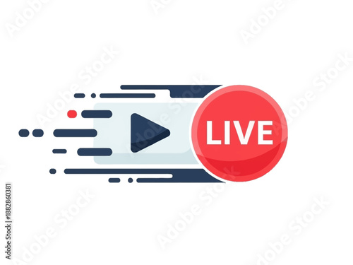 Live streaming video play button icon with motion effects and live text