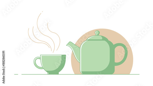 Freshly Brewed Tea Ceremony Featuring Teapot and Cup with Evaporating Steam