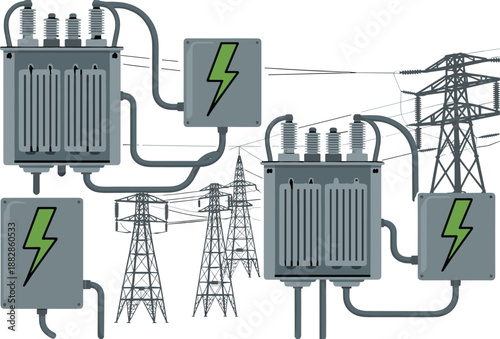 Electrical power grid diagram illustration showing transformers transmission towers cables energy distribution network smart grid infrastructure concept design