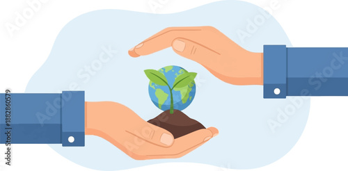 Hands cradle a seedling with the Earth and its continents depicted on the sphere