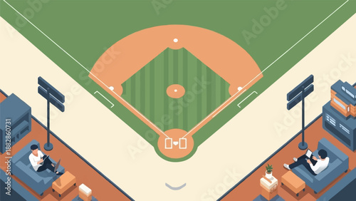 Isometric view of a baseball field with people relaxing indoors