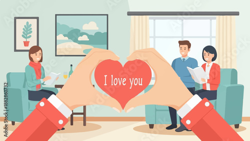 Hands form heart with "I love you" inside, a couple reads indoors