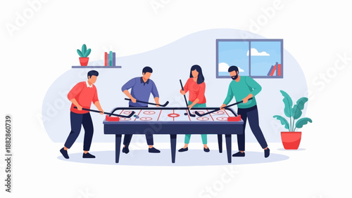 Four friends play air hockey indoors, enjoying a fun game together