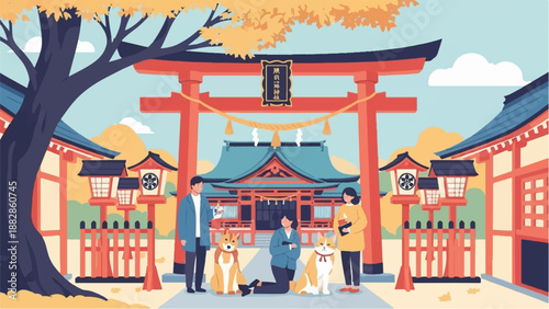 People and dogs at a Japanese shrine with torii gate and lanterns