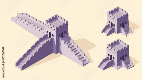 Isometric pixel art of ancient fortifications with turrets and stairs
