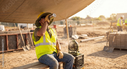 Construction worker drinking water to stay hydrated under shade on a hot day