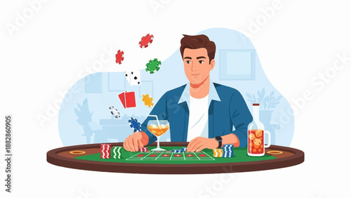 Man playing cards at a casino table with drinks and chips