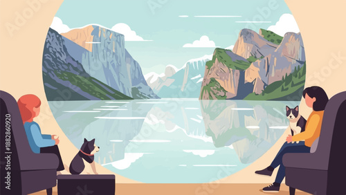People and dogs relax indoors with a stunning mountain and lake view